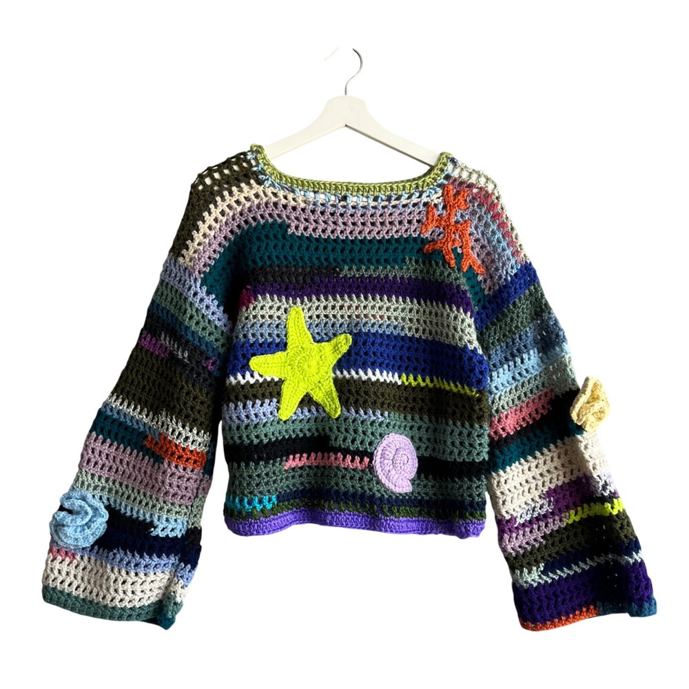 Handmade Crochet Nautical Starfish Striped Bell Sleeve Cropped Sweater  Boho